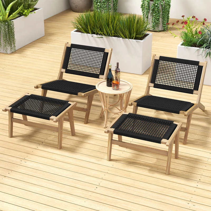 Indoor Outdoor Ottoman Footstool, Teak Wooden Foot Rest, Natural, Black