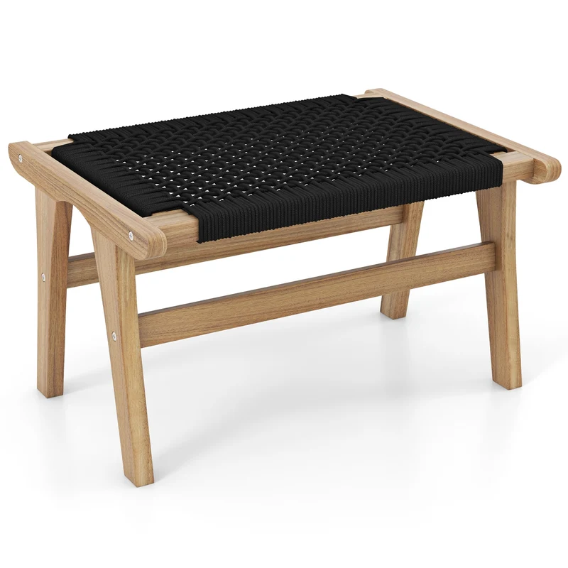Indoor Outdoor Ottoman Footstool, Teak Wooden Foot Rest, Natural, Black