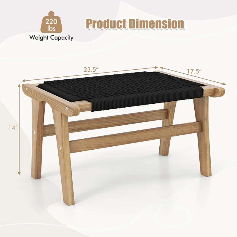 Indoor Outdoor Ottoman Footstool, Teak Wooden Foot Rest, Natural, Black