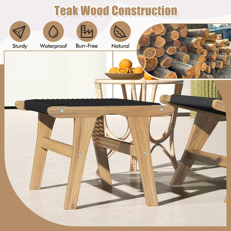 Indoor Outdoor Ottoman Footstool, Teak Wooden Foot Rest, Natural, Black