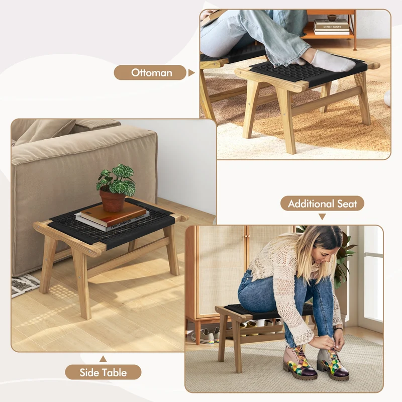 Indoor Outdoor Ottoman Footstool, Teak Wooden Foot Rest, Natural, Black