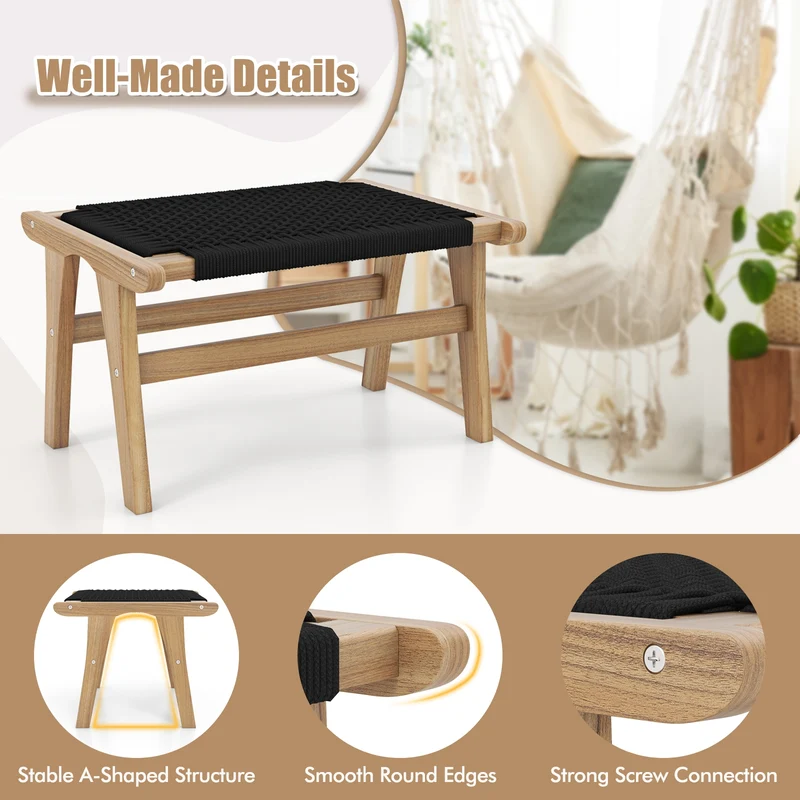Indoor Outdoor Ottoman Footstool, Teak Wooden Foot Rest, Natural, Black