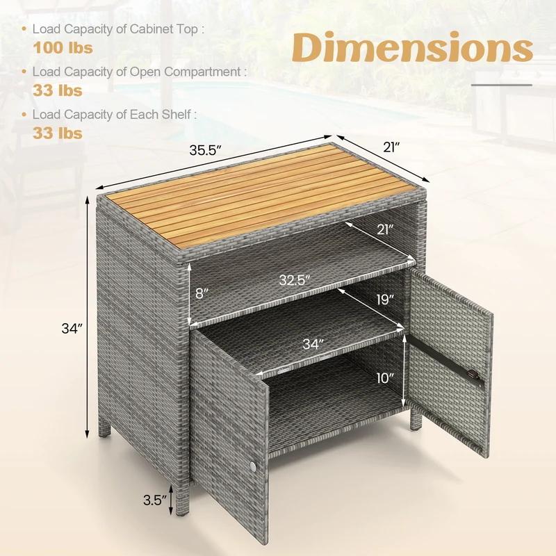 Rattan Storage Cabinet, Acacia Wood Countertop, Gray