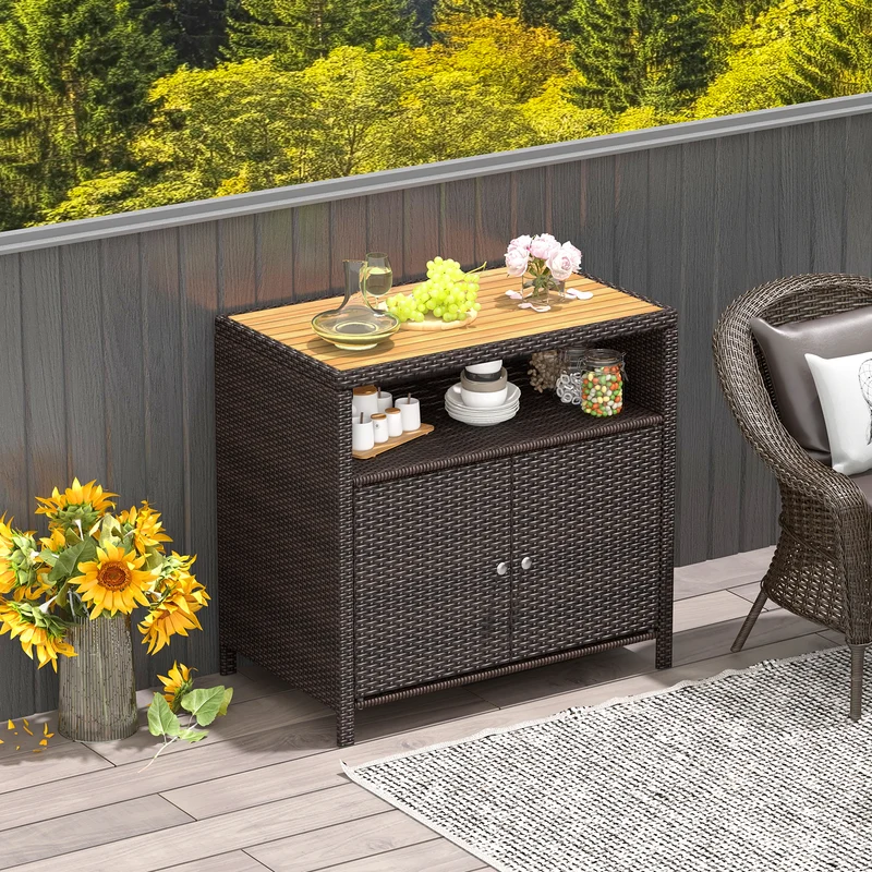 Rattan Storage Cabinet, Acacia Wood Countertop, Brown