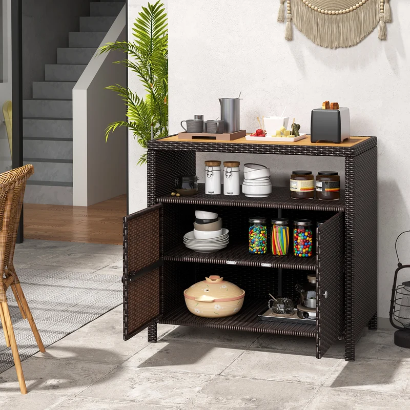Rattan Storage Cabinet, Acacia Wood Countertop, Brown