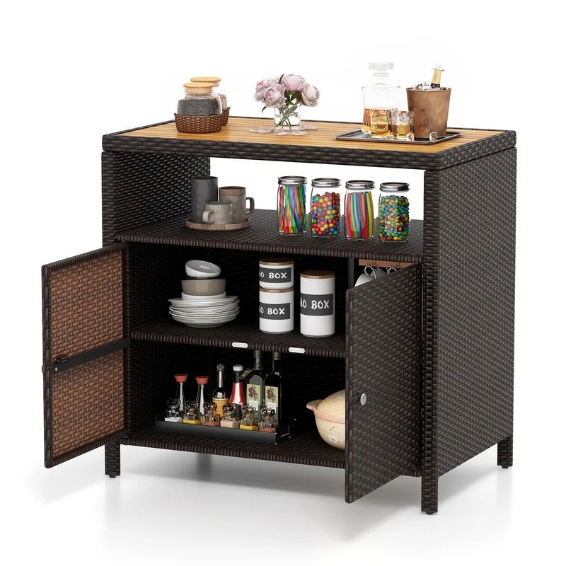 Rattan Storage Cabinet, Acacia Wood Countertop, Brown