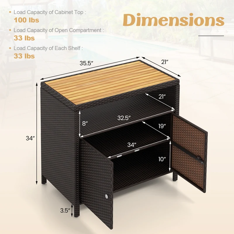 Rattan Storage Cabinet, Acacia Wood Countertop, Brown