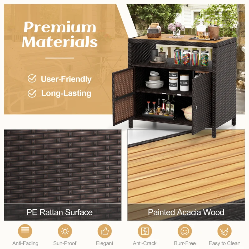 Rattan Storage Cabinet, Acacia Wood Countertop, Brown