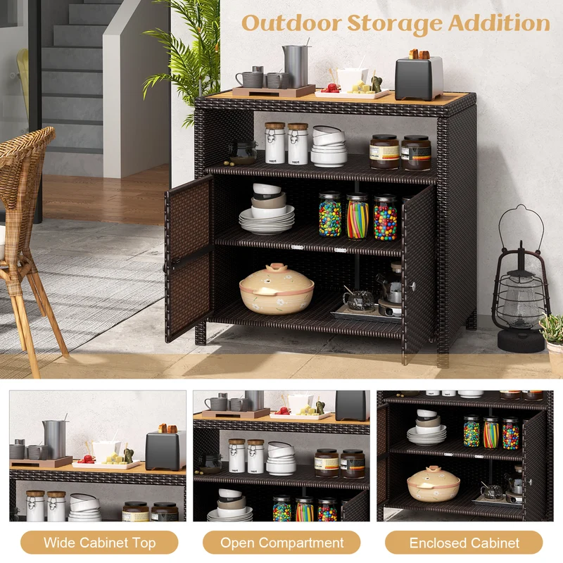 Rattan Storage Cabinet, Acacia Wood Countertop, Brown