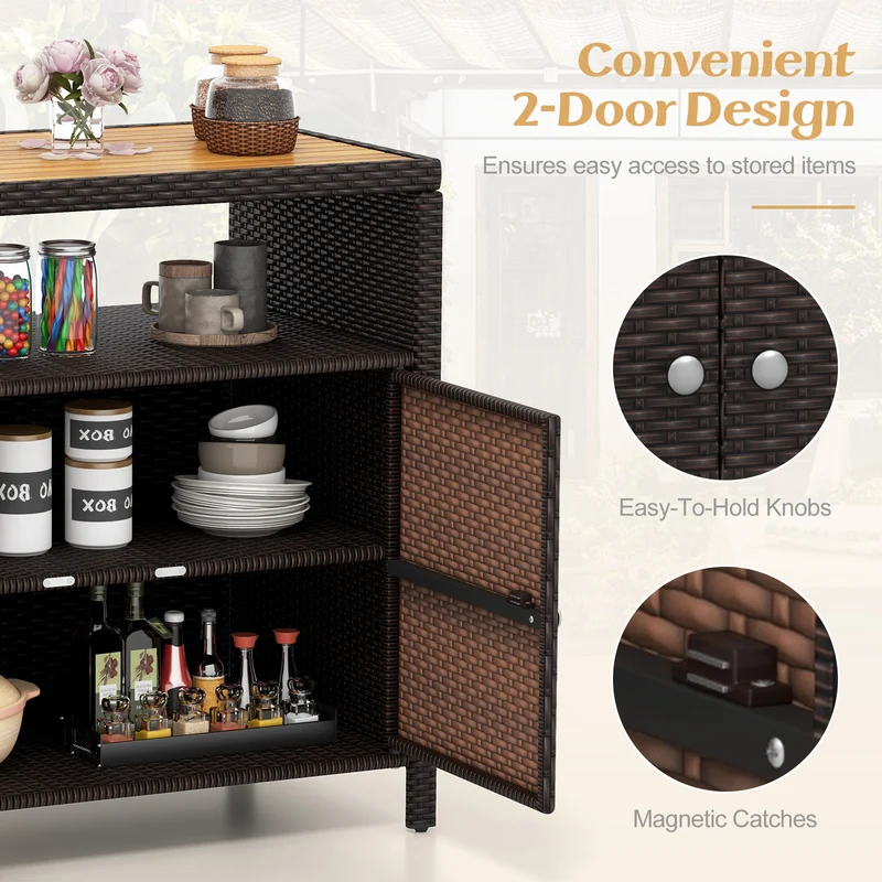 Rattan Storage Cabinet, Acacia Wood Countertop, Brown
