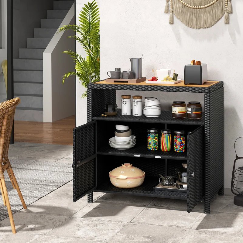 Rattan Storage Cabinet, Acacia Wood Countertop, Black