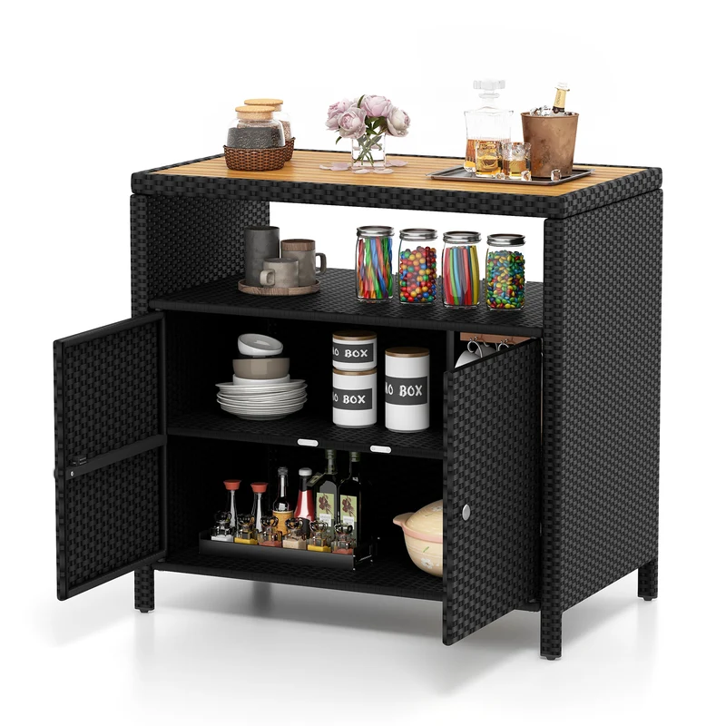 Rattan Storage Cabinet, Acacia Wood Countertop, Black
