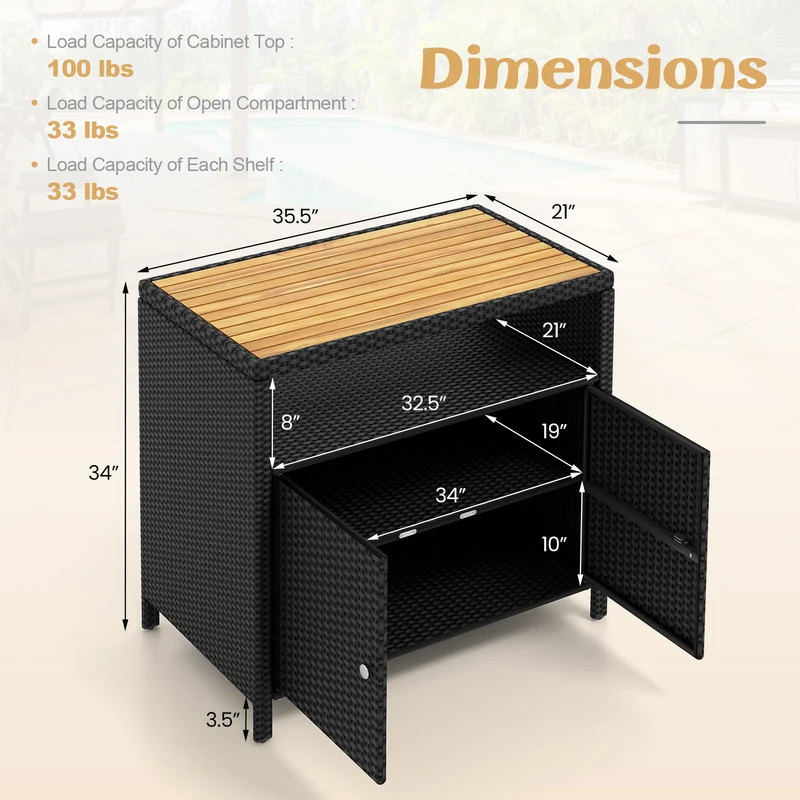 Rattan Storage Cabinet, Acacia Wood Countertop, Black