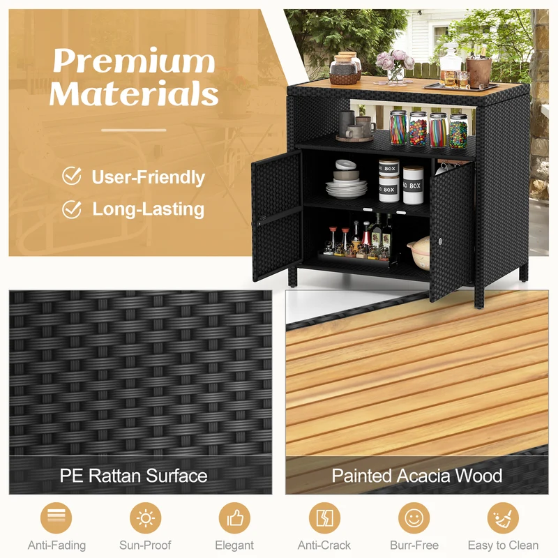 Rattan Storage Cabinet, Acacia Wood Countertop, Black