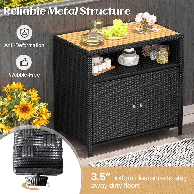 Rattan Storage Cabinet, Acacia Wood Countertop, Black