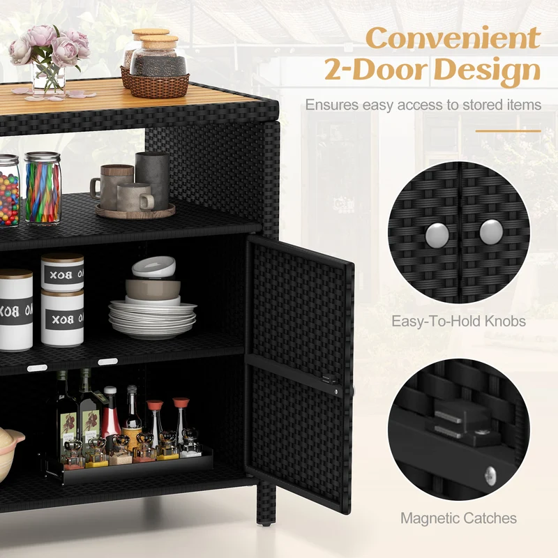 Rattan Storage Cabinet, Acacia Wood Countertop, Black