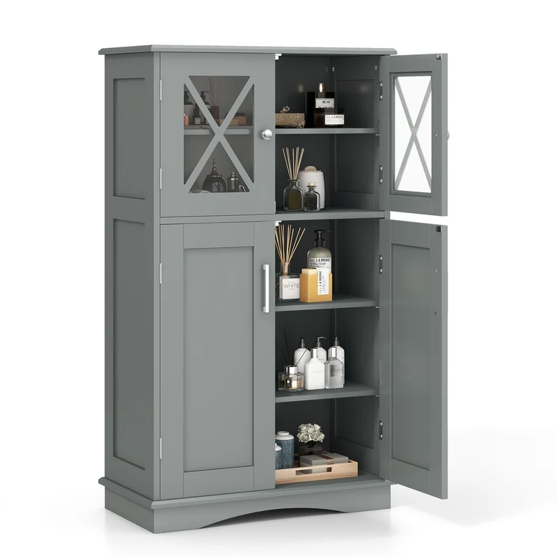 4 Door Freeestanding Bathroom Cabinet, Adjustable Shelves, Gray