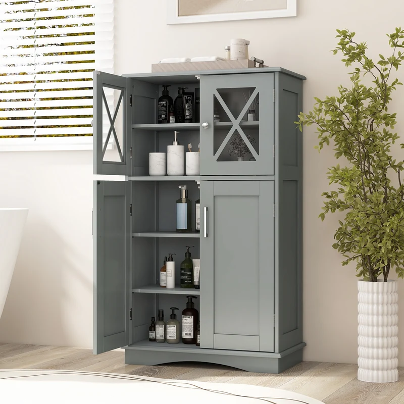 4 Door Freeestanding Bathroom Cabinet, Adjustable Shelves, Gray