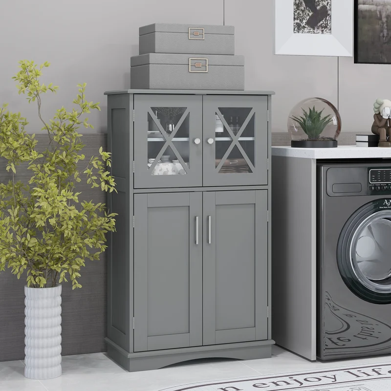 4 Door Freeestanding Bathroom Cabinet, Adjustable Shelves, Gray