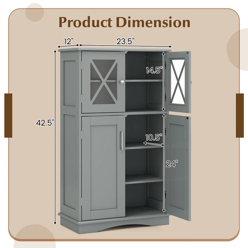 4 Door Freeestanding Bathroom Cabinet, Adjustable Shelves, Gray