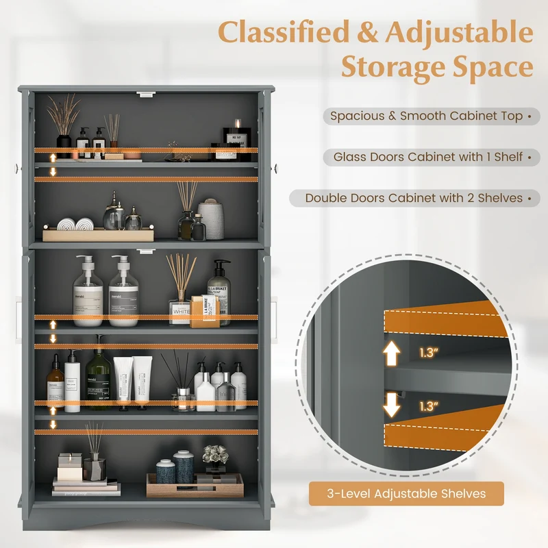 4 Door Freeestanding Bathroom Cabinet, Adjustable Shelves, Gray