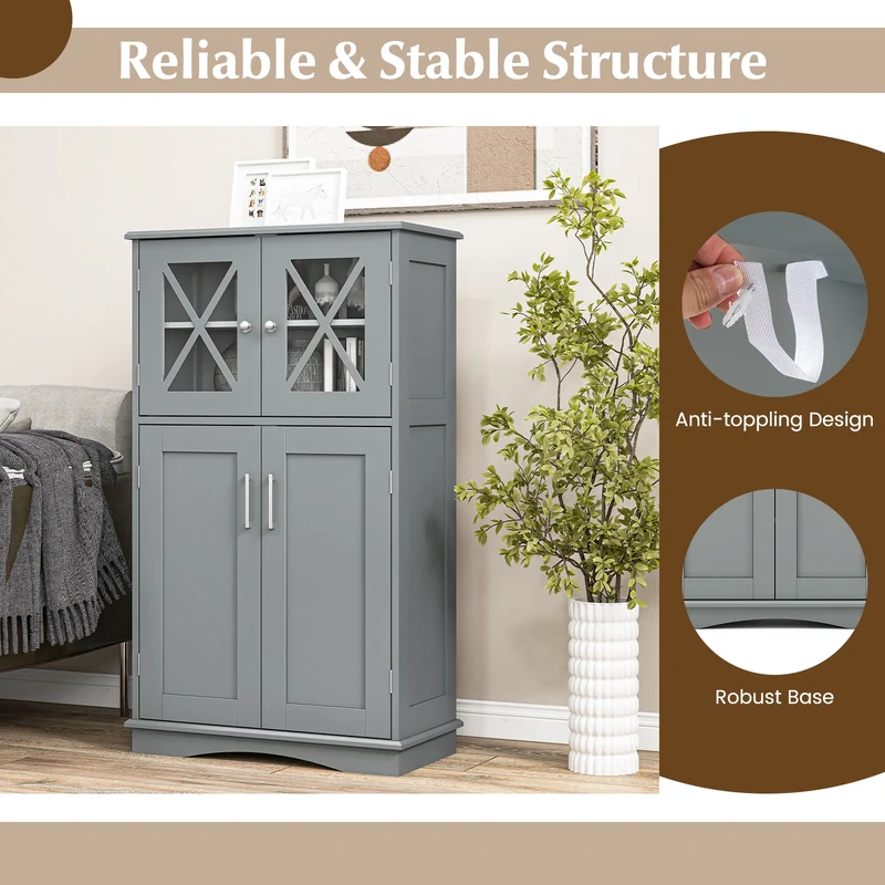 4 Door Freeestanding Bathroom Cabinet, Adjustable Shelves, Gray