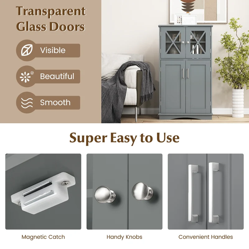 4 Door Freeestanding Bathroom Cabinet, Adjustable Shelves, Gray