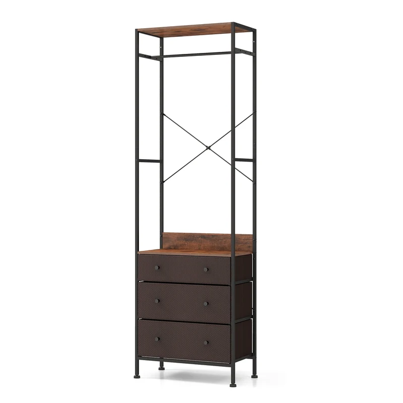 Freestanding Closet Organizer, 3-Position Hanging Rod, Storage Shelves, Brown