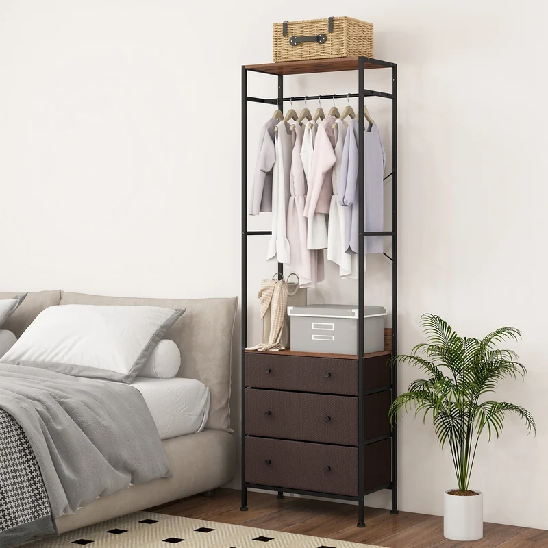 Freestanding Closet Organizer, 3-Position Hanging Rod, Storage Shelves, Brown