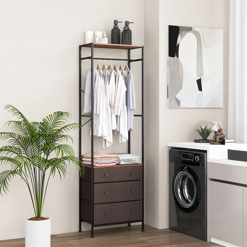 Freestanding Closet Organizer, 3-Position Hanging Rod, Storage Shelves, Brown