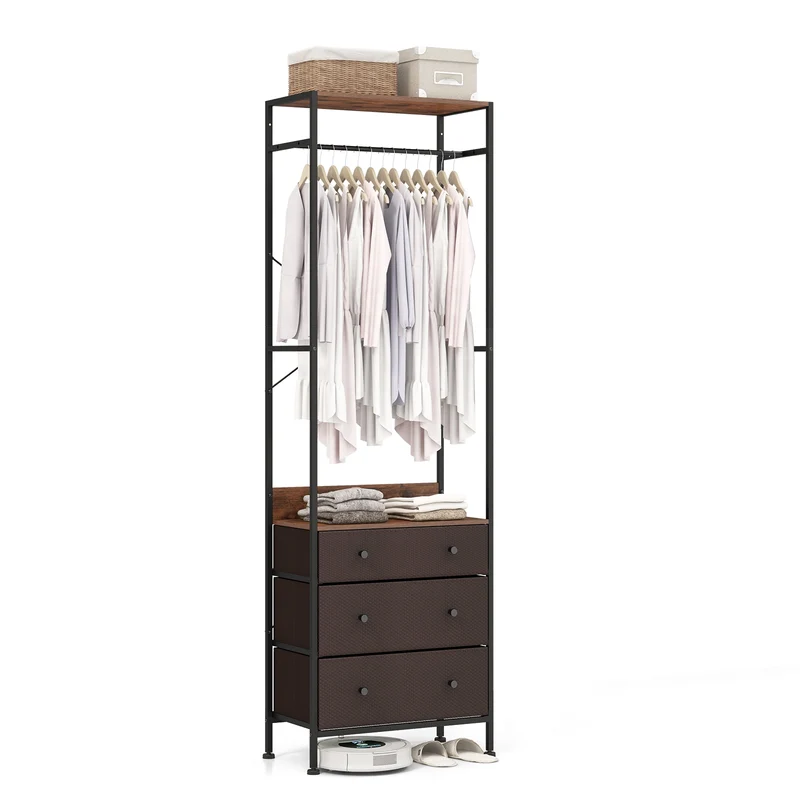 Freestanding Closet Organizer, 3-Position Hanging Rod, Storage Shelves, Brown