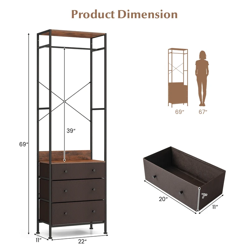 Freestanding Closet Organizer, 3-Position Hanging Rod, Storage Shelves, Brown