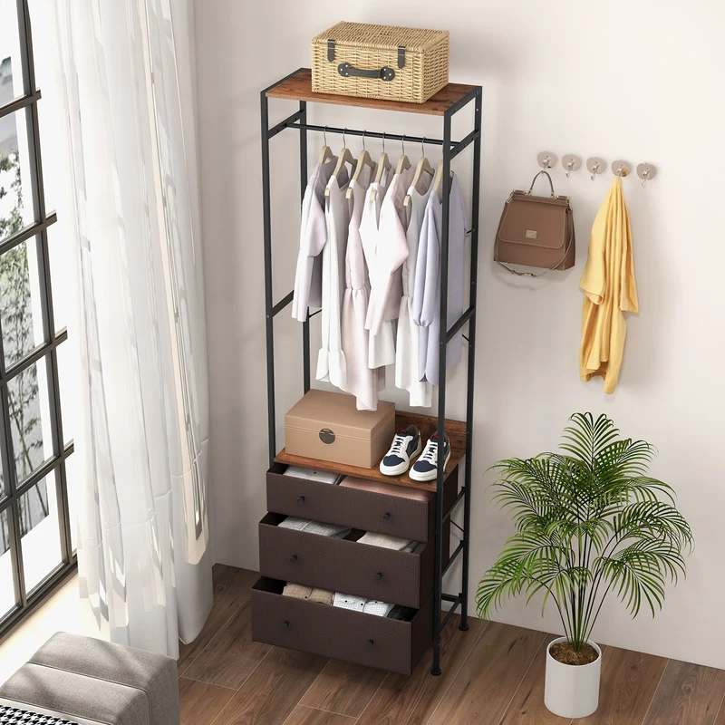 Freestanding Closet Organizer, 3-Position Hanging Rod, Storage Shelves, Brown