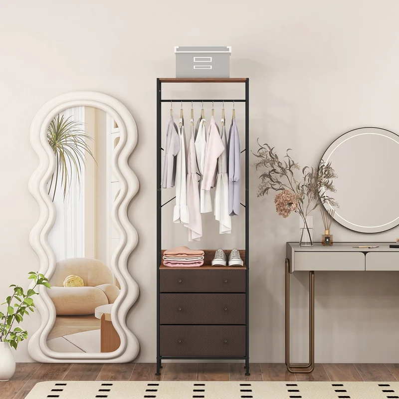 Freestanding Closet Organizer, 3-Position Hanging Rod, Storage Shelves, Brown