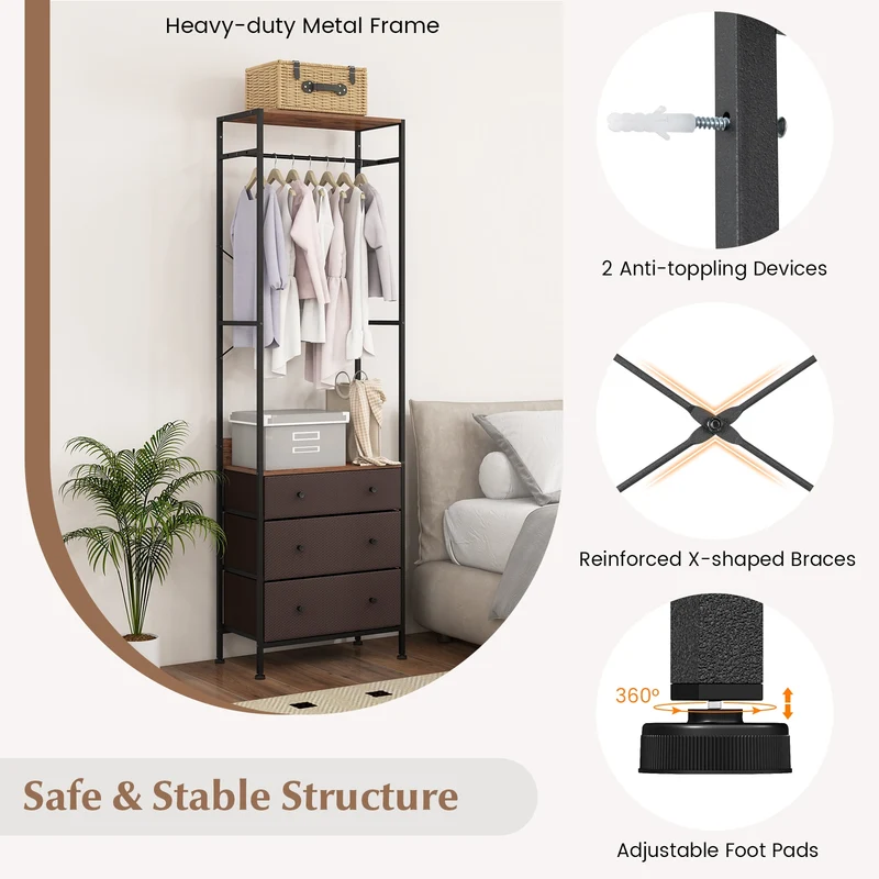 Freestanding Closet Organizer, 3-Position Hanging Rod, Storage Shelves, Brown