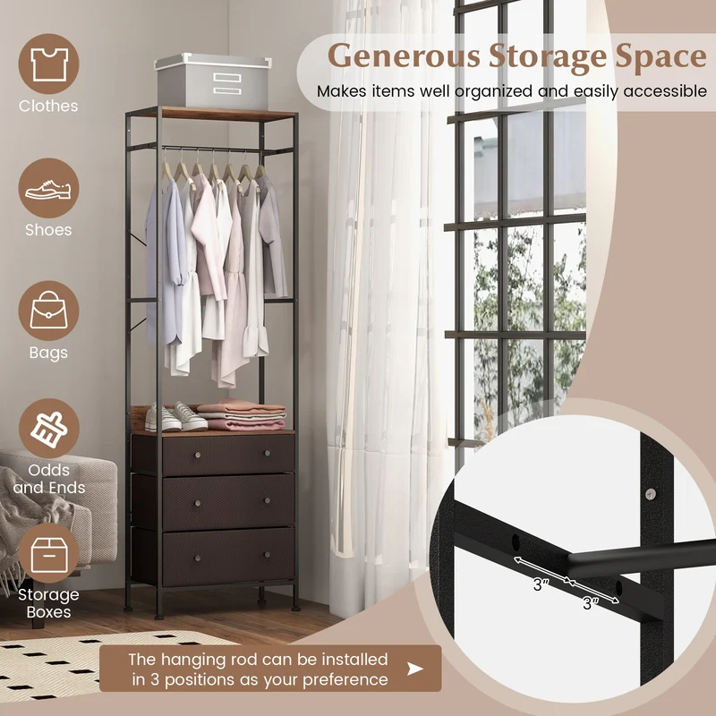 Freestanding Closet Organizer, 3-Position Hanging Rod, Storage Shelves, Brown