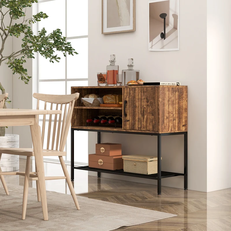 Buffet Sideboard Cabinet With Power Outlets, USB Ports, Rustic Brown