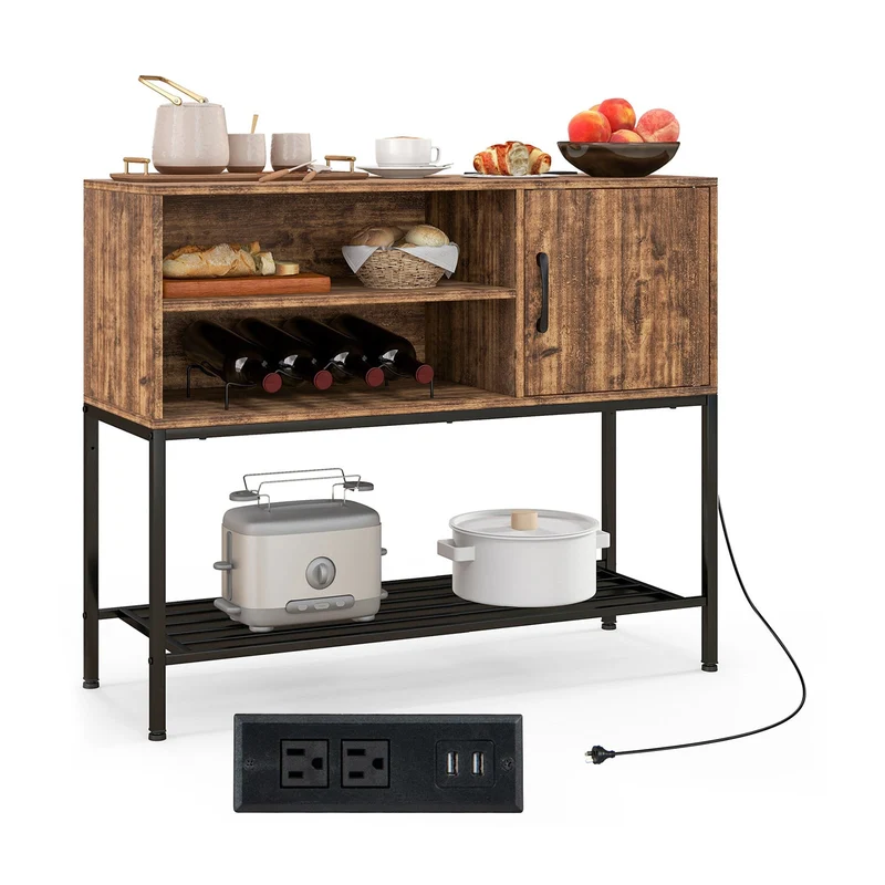 Buffet Sideboard Cabinet With Power Outlets, USB Ports, Rustic Brown