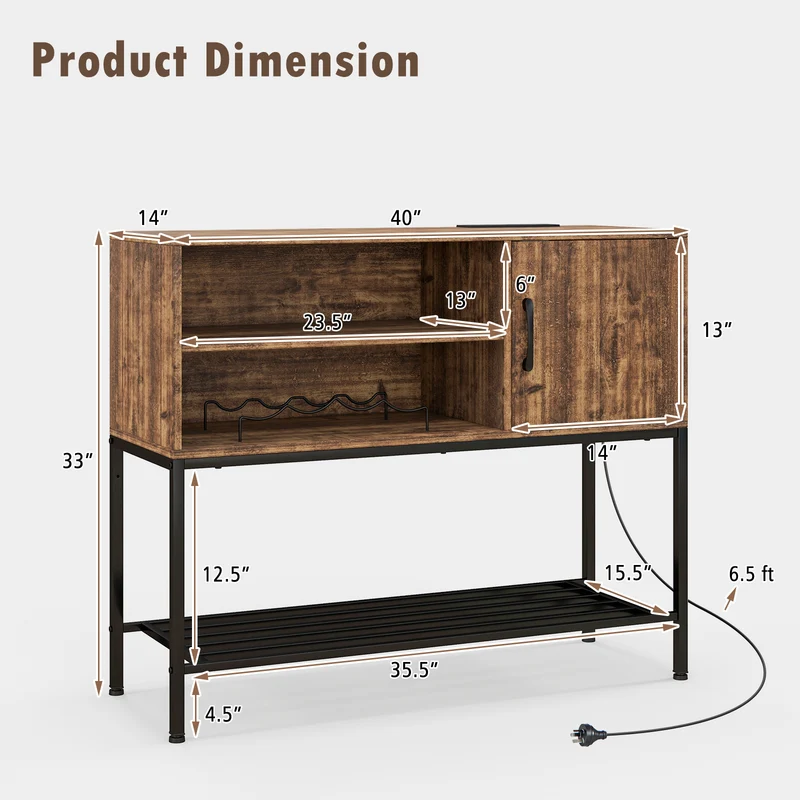 Buffet Sideboard Cabinet With Power Outlets, USB Ports, Rustic Brown