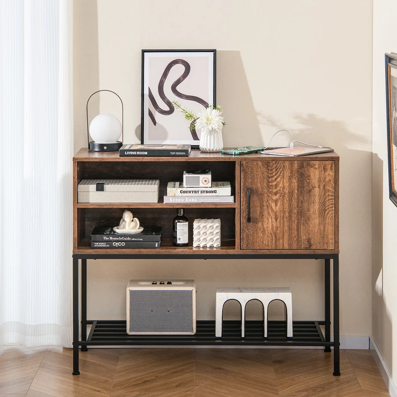 Buffet Sideboard Cabinet With Power Outlets, USB Ports, Rustic Brown