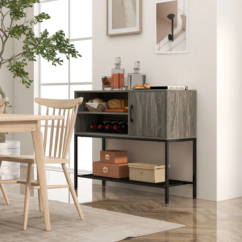 Coffee Bar Cabinet With Power Outlets, USB Ports, Gray