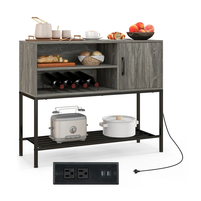Coffee Bar Cabinet With Power Outlets, USB Ports, Gray