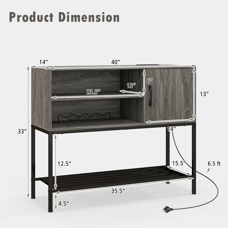 Coffee Bar Cabinet With Power Outlets, USB Ports, Gray