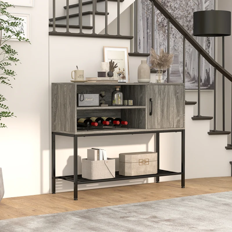 Coffee Bar Cabinet With Power Outlets, USB Ports, Gray