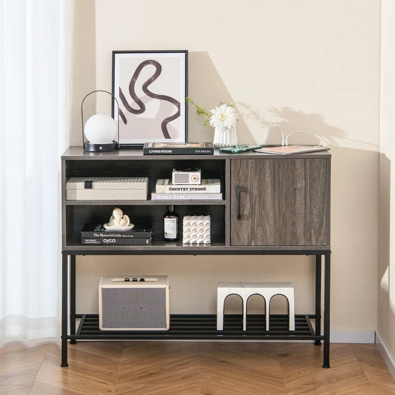 Coffee Bar Cabinet With Power Outlets, USB Ports, Gray