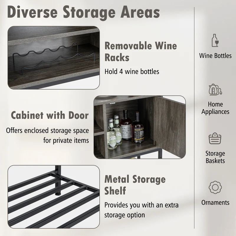 Coffee Bar Cabinet With Power Outlets, USB Ports, Gray