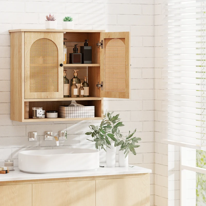 Bathroom Wall Cabinet, PE Rattan Doors, Adjustable Shelves, Natural