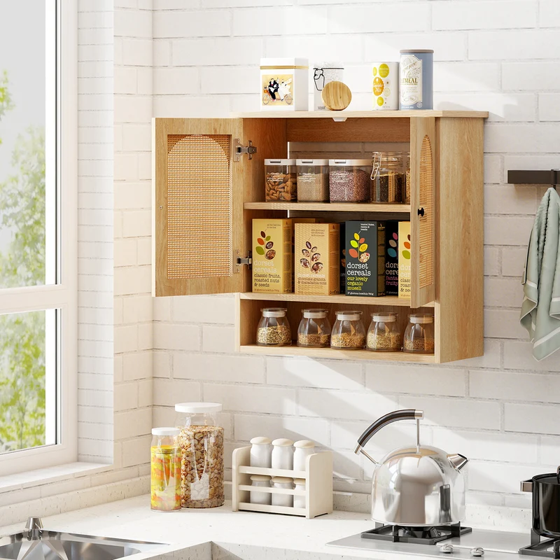 Bathroom Wall Cabinet, PE Rattan Doors, Adjustable Shelves, Natural