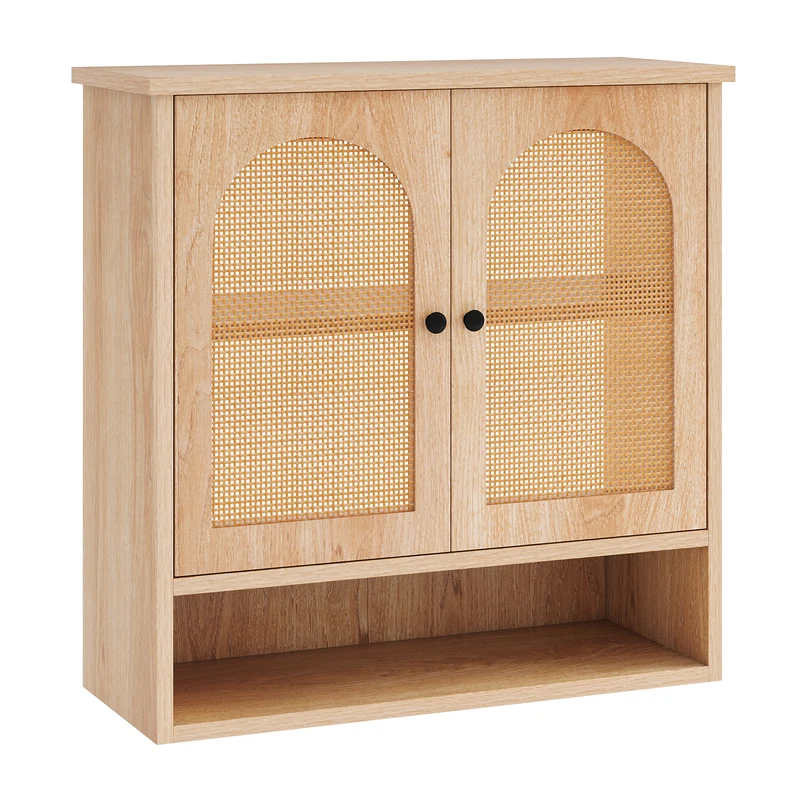 Bathroom Wall Cabinet, PE Rattan Doors, Adjustable Shelves, Natural