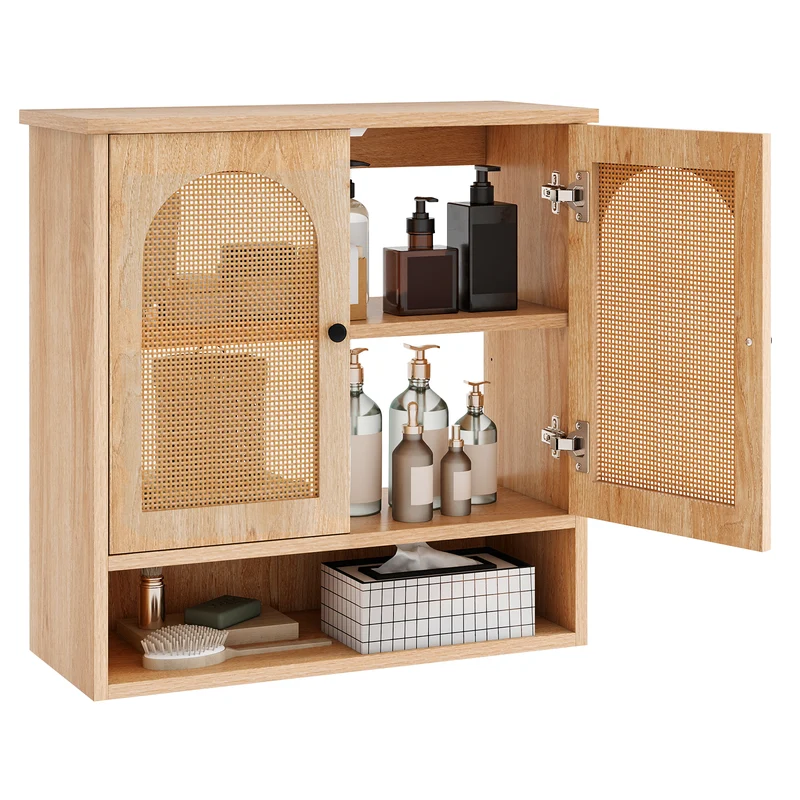 Bathroom Wall Cabinet, PE Rattan Doors, Adjustable Shelves, Natural